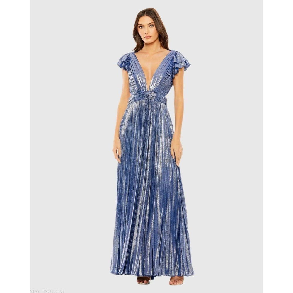 Mac Duggal Metallic Pleated Gown Blue V-Neck Lace Up Back Maxi Dress 8 NWT